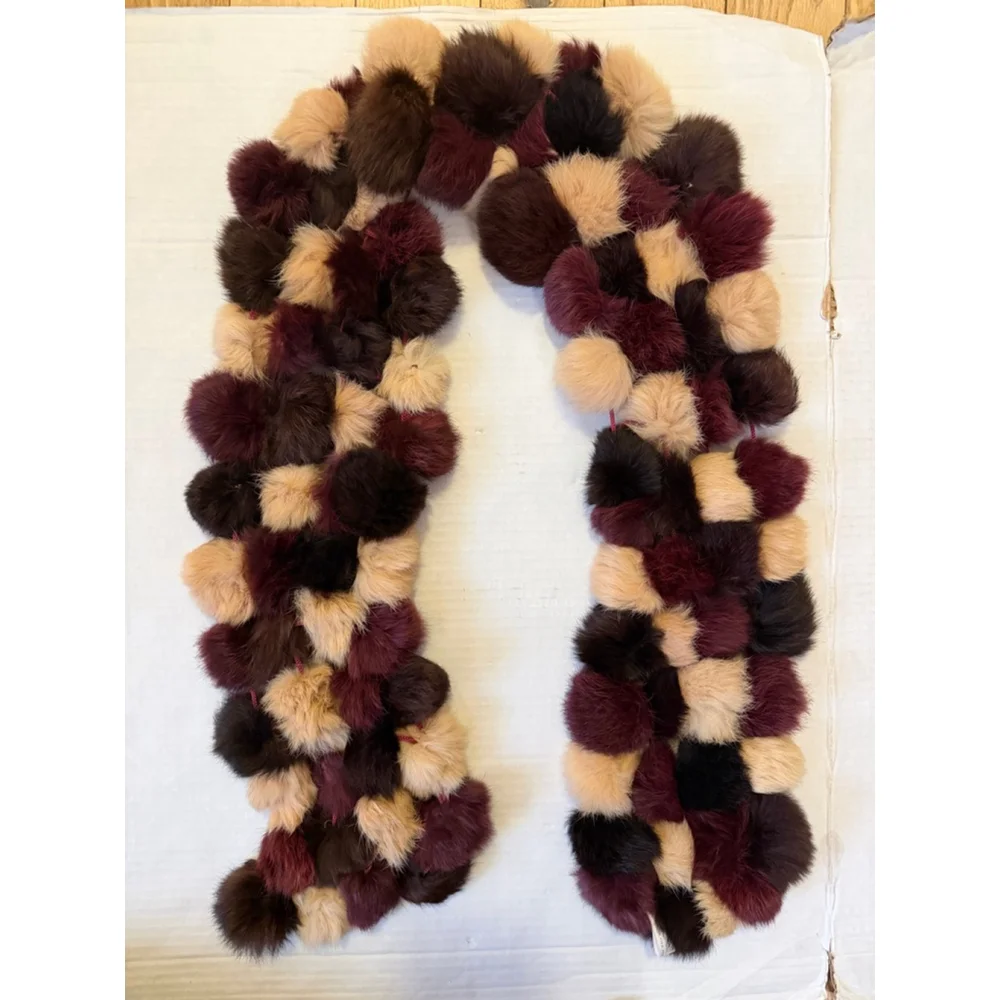 Genuine Rabbit Fur Ball Scarf Wrap Furry Pom Poms W/Cords Multi Luxe Soft